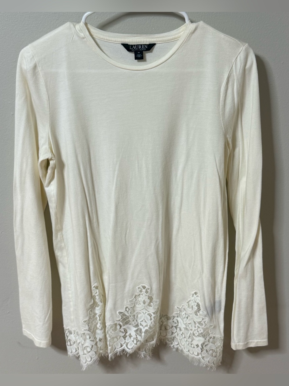 Lauren Ralph Lauren Women's Cream Ivory long sleeve Tunic lace Trim Scalloped M
